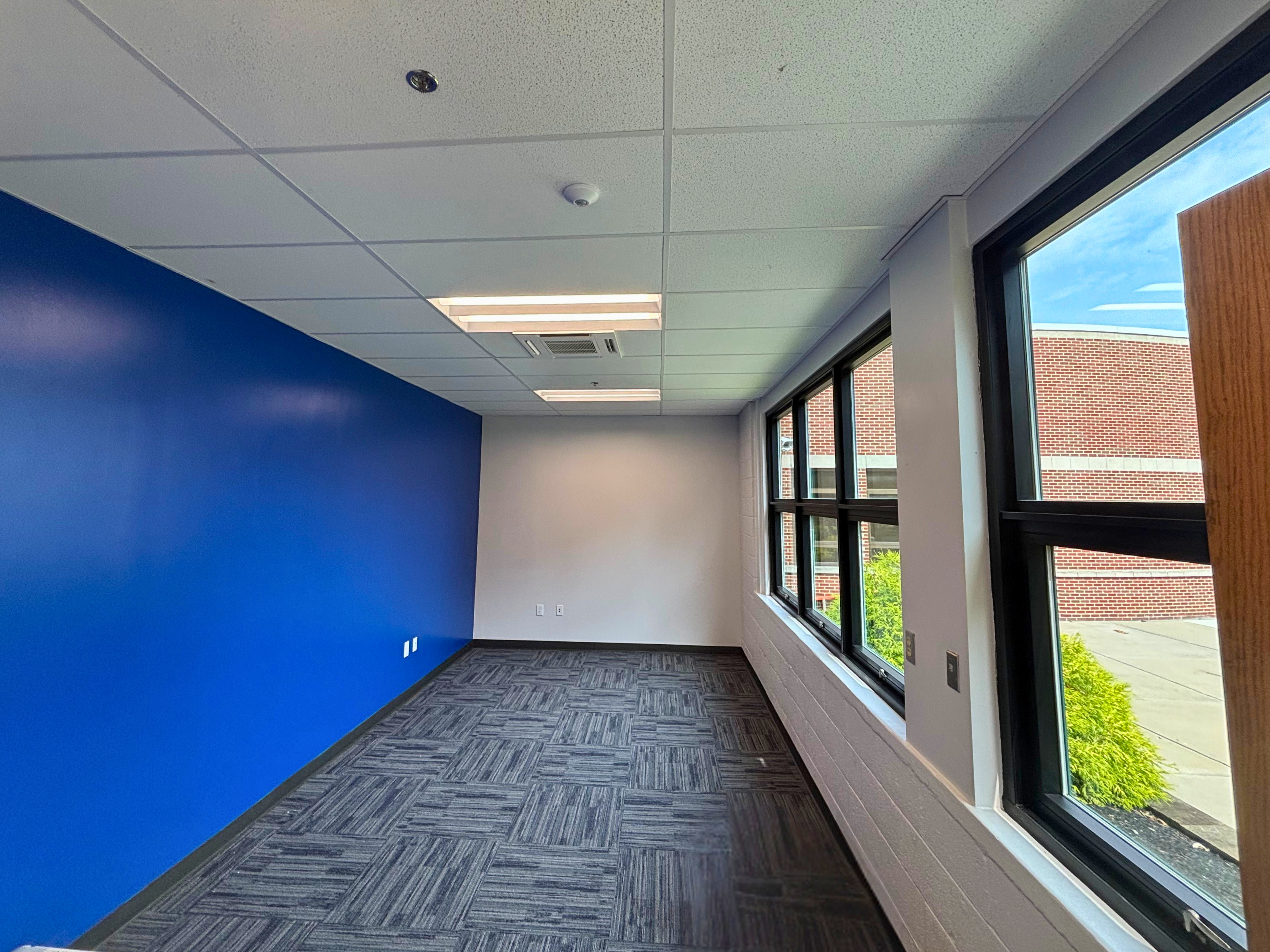 New office finished with an accent wall in Walton-Verona blue